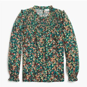J. Crew Smocked Ruffleneck Floral Shoulder Buttons Blouse NWOT